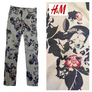 NEW H&M Skinny Regular High Rise Ripped Jeans Skull & Floral Print Khaki Green